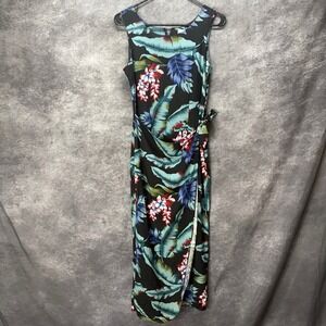 Vintage Young Hawaii Sarong Wrap Maxi Dress Size S Black Teal Floral Hibiscus